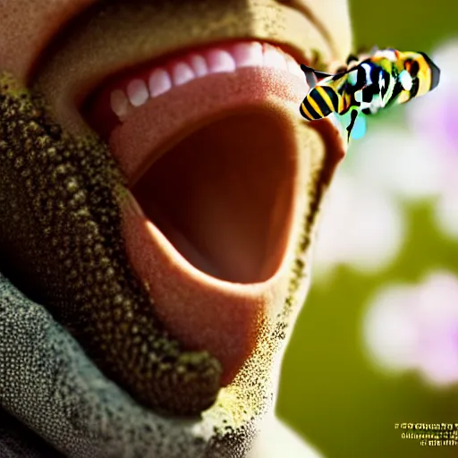 Prompt: photograph of bees crawling out of a smiling mans mouth, 8k resolution, high detail, ULTRA REALISTIC VFX, reflections