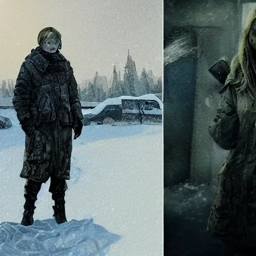 Image similar to Elle Fanning in the painted world of Metro 2033, snow, head and shoulders masterpiece, apocalypse, golden hour, cosmic horror, artstation, in the style of Andrew Wyeth and Edward Hopper and Bosch, extremely detailed