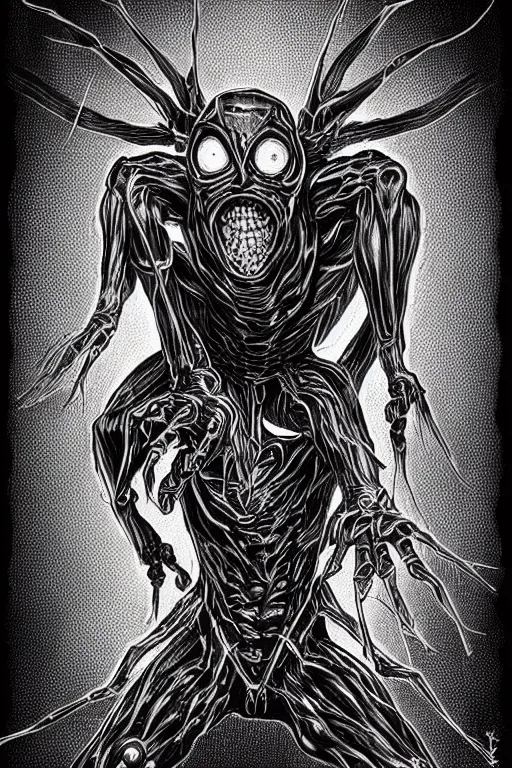 Image similar to spider humanoid figure monster, symmetrical, highly detailed, digital art, sharp focus, trending on art station, kentaro miura manga art style