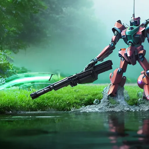 Image similar to frog gundam combat mech stepping out of a pond with a lazer rifle dripping water. over - under, brightly lit scene. this 8 k hd resolution, trending on artstation, featured on behance, well rendered, extra crisp, features intricate detail, epic composition and the style of unreal engine, national geographic, bandai box art.