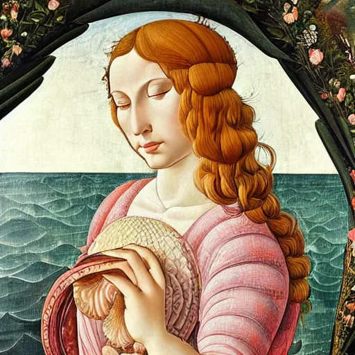 Prompt: an ultradetailed mythological oil painting of a beautiful woman with long brown hair, full body, wearing pink floral chiton, lying within a giant scallop shell, near the seashore, intricate lines, elegant, renaissance style, by sandro botticelli