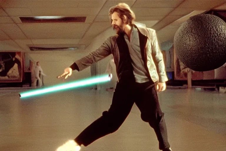 Image similar to “the big Lebowski levitating a bowling ball up off the floor in Star Wars”