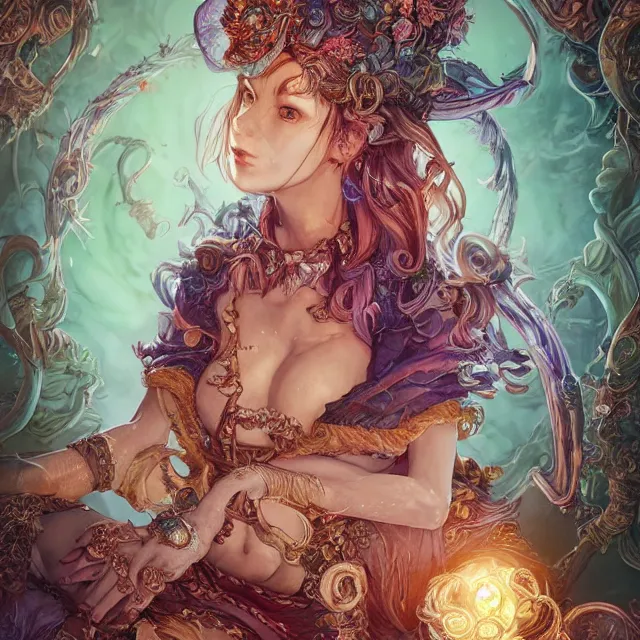 Image similar to the portrait of chaotic good female druid alchemist as absurdly beautiful, gorgeous, elegant, young gravure idol, an ultrafine hyperdetailed illustration by kim jung gi, irakli nadar, intricate linework, sharp focus, bright colors, octopath traveler, final fantasy, unreal engine 5 highly rendered, global illumination, radiant light, detailed and intricate environment