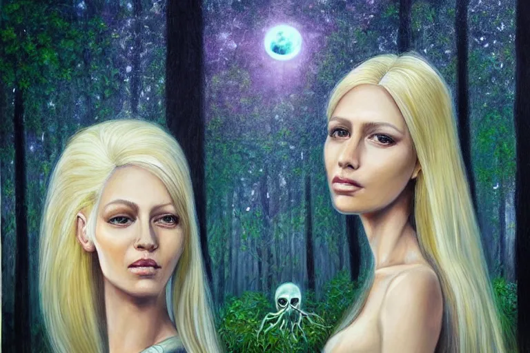 Image similar to realistic detailed portrait painting of a beautiful ghost woman with blond hair with an alien, futuristic sci-fi forest on background