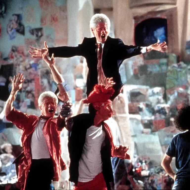 Image similar to Bill Clinton in the movie Bill and Ted's Excellent Adventure , film still