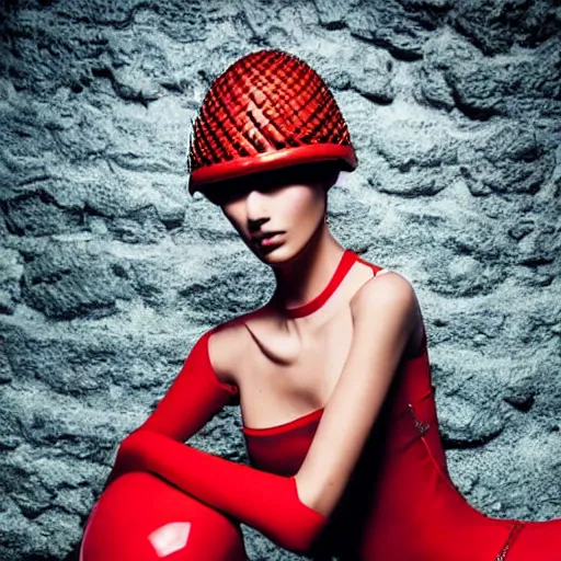 Image similar to female fashion model in year 3000 in a cave, model wearing a surreal Avant-garde helmet in red, dramatic lighting,photography , official Versace editorial , highly detailed