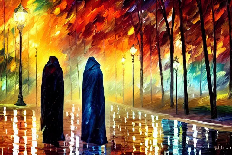 Prompt: park at night, two cloaked figures, artstation, by william degouve de nunqcues, rain puddles, background glitched cyber city by leonid afremov