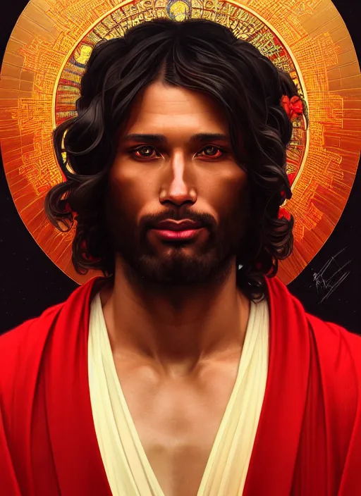 Image similar to symmetry!! portrait of terrence boyd as a jesus christ in a red kimono with an halo, face close - up, intricate, elegant, highly detailed, digital painting, artstation, concept art, smooth, sharp focus, illustration, art by artgerm and greg rutkowski and alphonse mucha