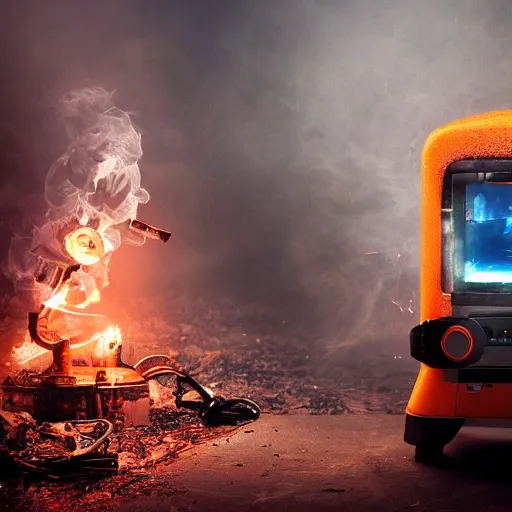 Image similar to toaster oven terminator robot, dark messy smoke - filled cluttered workshop, dark, dramatic lighting, orange tint, sparks, cinematic, highly detailed, sci - fi, futuristic, movie still