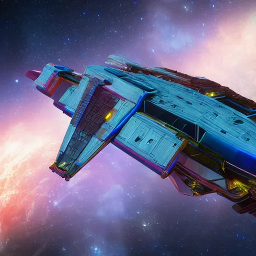 Image similar to Render of an advanced starship orbiting Earth, nebula, detailed, textured, vivid colors, colorful, photorealistic, high dynamic range, HDR, trending on Artstation, Unreal Engine 4k