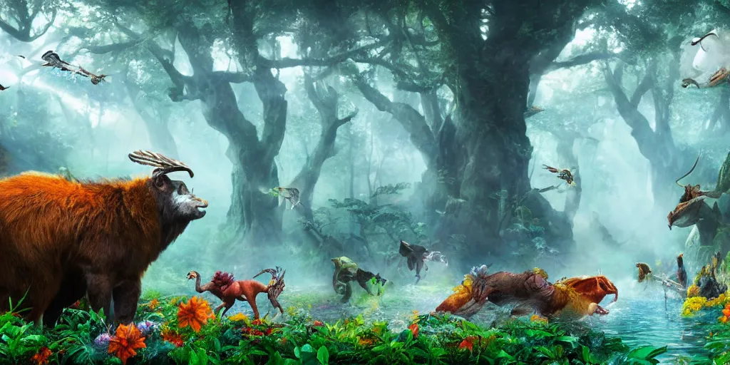 Prompt: a colorful fauna animal, lowbrow, 8 k, matte painting, fantasy, avatar movie