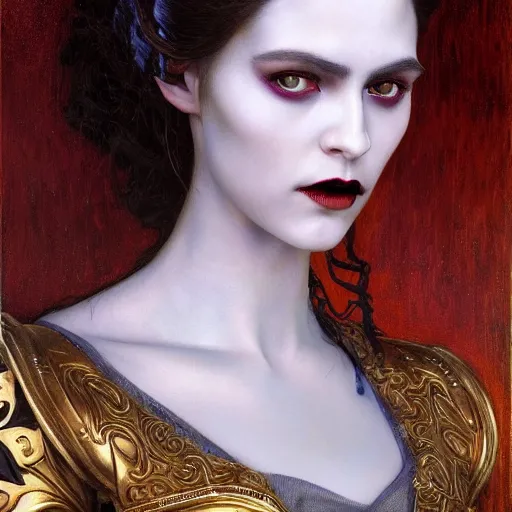 Image similar to Masterpiece painting of beautiful malicious vampire princess gothic portrait by Donato Giancola and Tom Bagshaw, face by Artgerm and Edmund Leighton, golden ratio, trending on cgsociety, intricate, majestic, dark epic fantasy, trending on artstation, by H.R. Giger, background by James Jean and Gustav Klimt, 8k, volumetric Lighting, Hokusai, detailed crimson ink outline, trending on pixiv