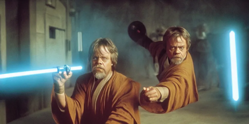 Prompt: A full color still of Mark Hamill as Jedi Master Luke Skywalker training a diverse room full of young Jedi padawans, with large windows showing a sci-fi city outside, at dusk at golden hour, from Star Wars, directed by Steven Spielberg, 1994