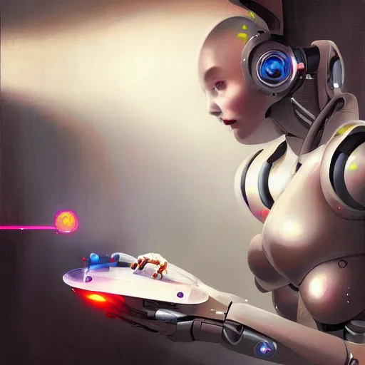 Prompt: an ai robot painting a beautiful artwork onto a canvas, high tech futuristic, artstation, cgsociety