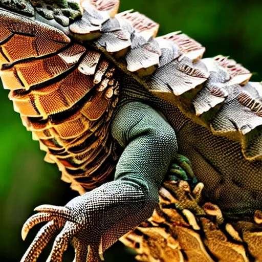 Image similar to a Iguana with the armor of a pangolin, national geographic photograph