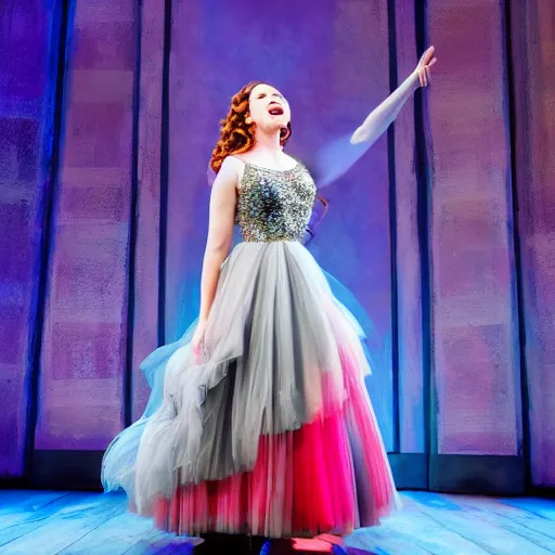 Image similar to beautiful actress singing on a stage of a broadway musical, colorful dress, tall decorations, grey setting, extremely detailed, professional photography, theatrical lighting, volumetric lighting, hyperrealism