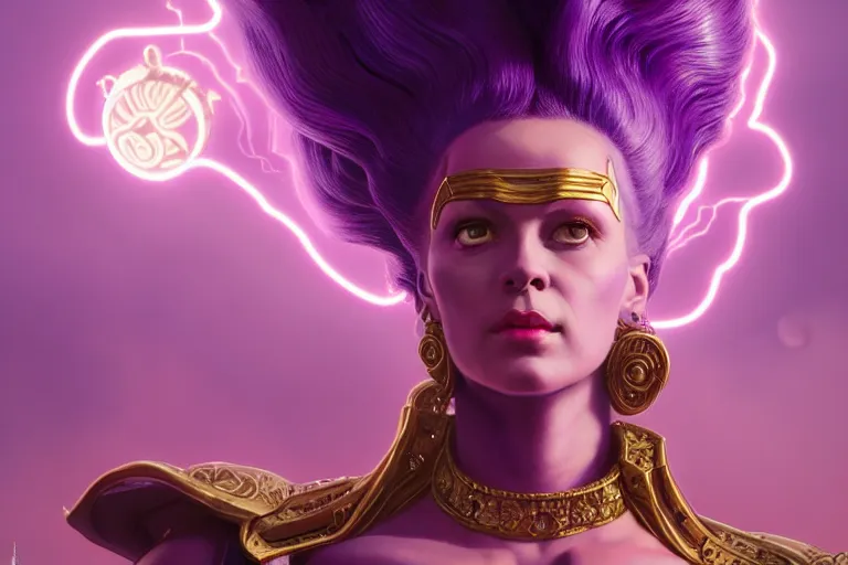 Prompt: thanos marie antoinette, neon god of city character portrait, rococo, in the style of moebius, artstation, greg rutkowski, artgerm, rockwell, wlop, tom bagshaw, and waterhouse, purple skin, perfect face, expressive eyes, sharp focus, cinematic lighting, beautiful, elegant, oil painting,