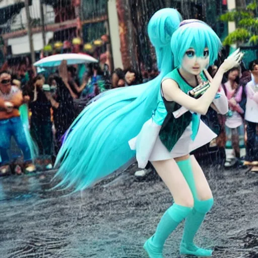 Image similar to Hatsune Miku performing while raining at plaza de bolivar in armenia quindio