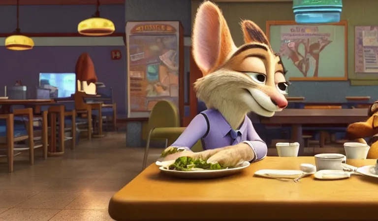 Prompt: A scene from Zootopia. Tired and lonely Nick is eating dinner at a lonely diner. The diner is dim and dirty. The economy is in a slump. Cold tones, Pixar Digital Movies