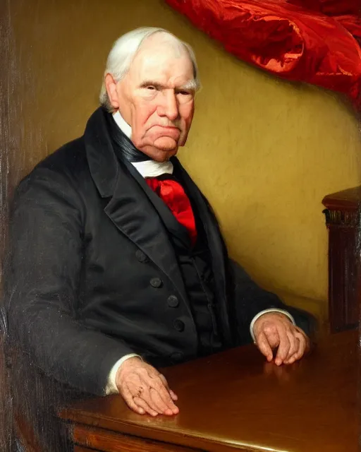 Image similar to facial portrait of the united states president, an ugly 7 8 year old wrinkled man for arizona, resolute desk, 1 8 4 8, oil on canvas by william sidney mount, trending on artstation, national archives