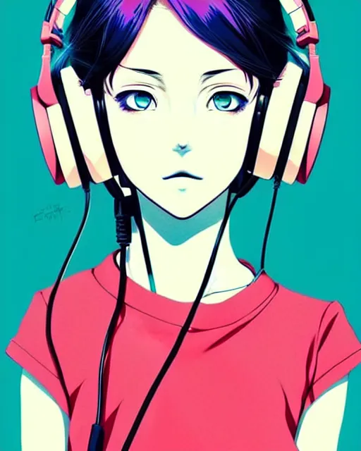 Image similar to girl wearing headphones, very anime!!! anime!! intricate details, high contrast colors, poster background, art by conrad roset and ilya kuvshinov