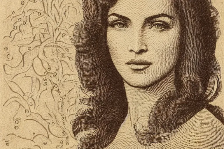 Prompt: An engraved portrait of Megan Fox , detailed!!! copper-plate engraving in the style of money bills, fine!!! lines, engraved by Alfred Sealey, Bureau of Engraving and Printing