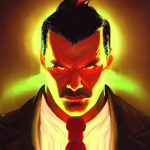 Image similar to portrait of a confident skinny dark haired man with a scar on his face wearing a red suit as an evil crime boss, high detail, concept art, neon color, vivid color, floating particles, glowing green eyes, background by john harris + roger dean, artwork by charlie bowater + artgerm