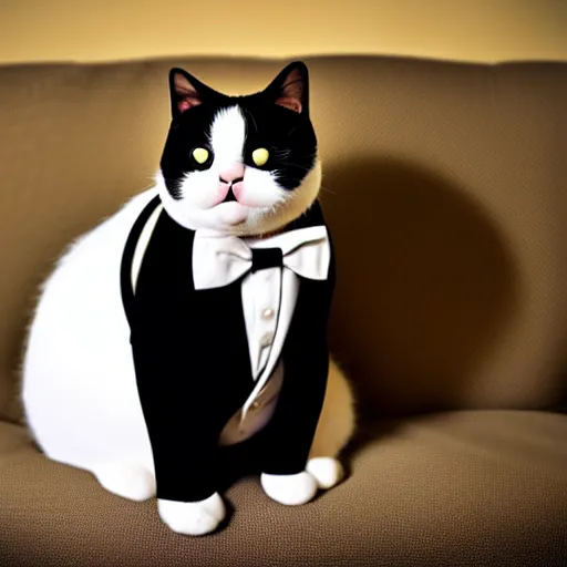 Image similar to photograph of a very fat and judgmental cat wearing a full tuxedo sitting in a dimly lit parlor lounge