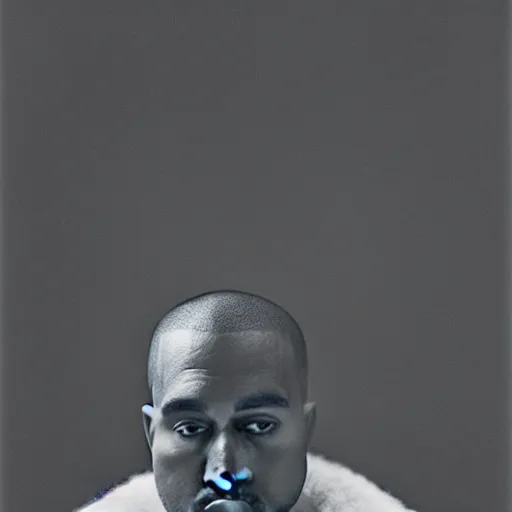 Image similar to a chiaroscuro lighting portrait of kanye west dressed as rick owens, black background, portrait by julia margaret cameron, shallow depth of field, 8 0 mm, f 1. 8