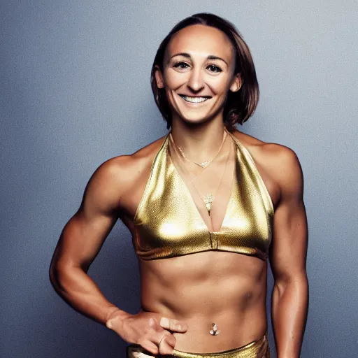 Image similar to jessica ennis hill wearing a gold bikini, detailed photo, high quality, 8k
