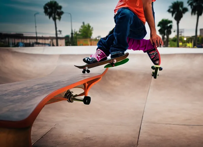 Image similar to photo still of a skateboarder performing a mute air grab, showing close up of brightly colored skate deck, 8 k, bright ambient lighting key light, 8 5 mm f 1. 8