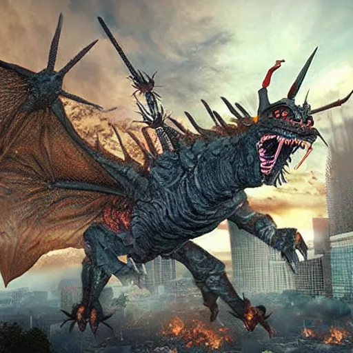 Prompt: giant insect kaiju with wings destroying a city, photo realistic, hyper realistic, extremely detailed