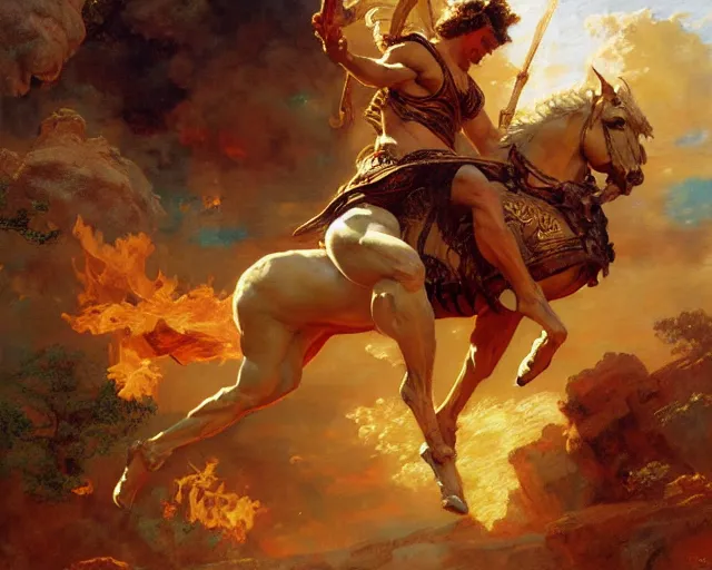 Image similar to attractive apollo greek god, riding his fire chariot. highly detailed painting by gaston bussiere, craig mullins, j. c. leyendecker 8 k