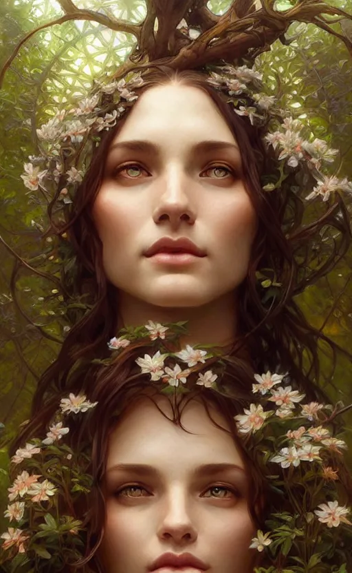 Image similar to portrait of a goddess of nature!, half body, perfect face!!, d & d, fantasy, intricate, elegant, highly detailed, digital painting, artstation, concept art, smooth, sharp focus, illustration, art by artgerm and greg rutkowski and alphonse mucha