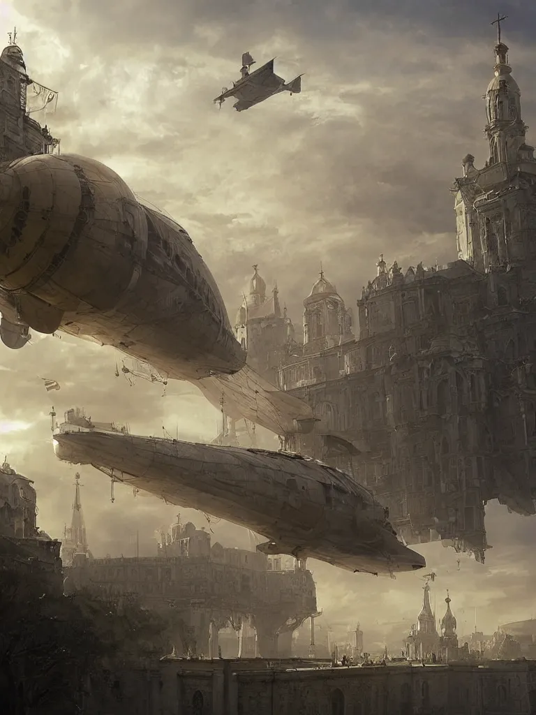 Prompt: a large dieselpunk airship is standing in the air over a splendid white church in russia, full morning sun, matte painting by greg rutkowski, craig mullins, levitan, rozalski