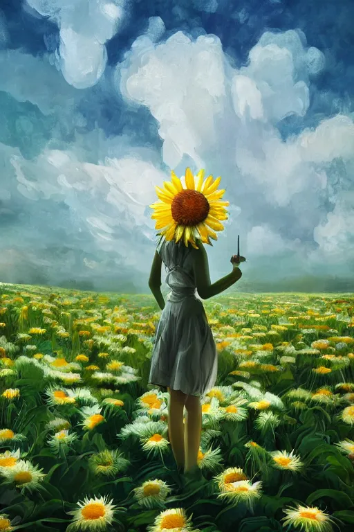 Image similar to closeup, giant daisy flower head, girl between monsteras, surreal photography, wind and cold, dramatic sky, impressionist painting, digital painting, artstation, simon stalenhag