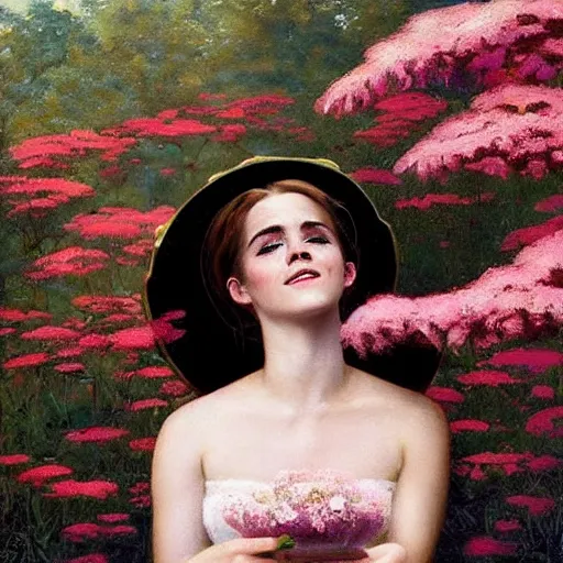 Image similar to closed eyes thick paint brush strokes full body fashion model smiling emma watson by Jeremy Lipking by Hasui Kawase by Richard Schmid (((smokey eyes makeup eye shadow fantasy, glow, shimmer as victorian woman in a long white frilly lace dress and a large white hat having tea in a sunroom filled with flowers, roses and lush fern flowers ,intricate, night, highly detailed, dramatic lighting))) , high quality