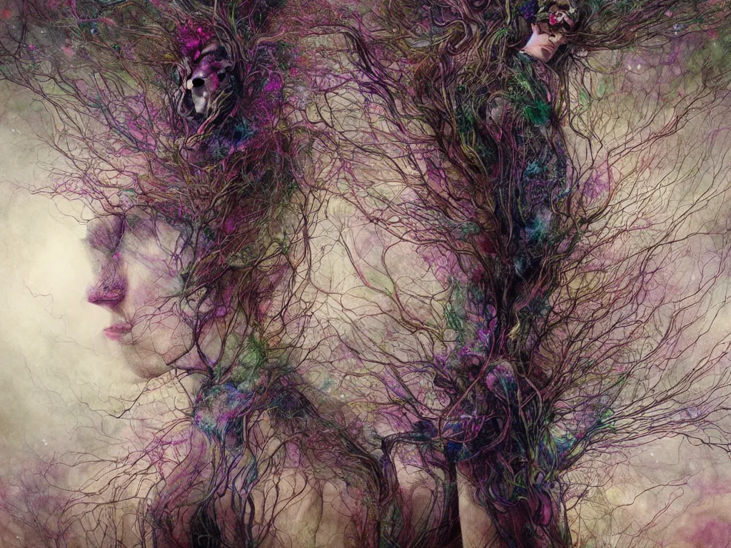 Prompt: a artistic multicalors zoom out picture with singular human -tree with crown like mycelium blossom branches highly detailed by Agostino Arrivabene, by Agnes Cecile and by Agnes Lawrence Pelton