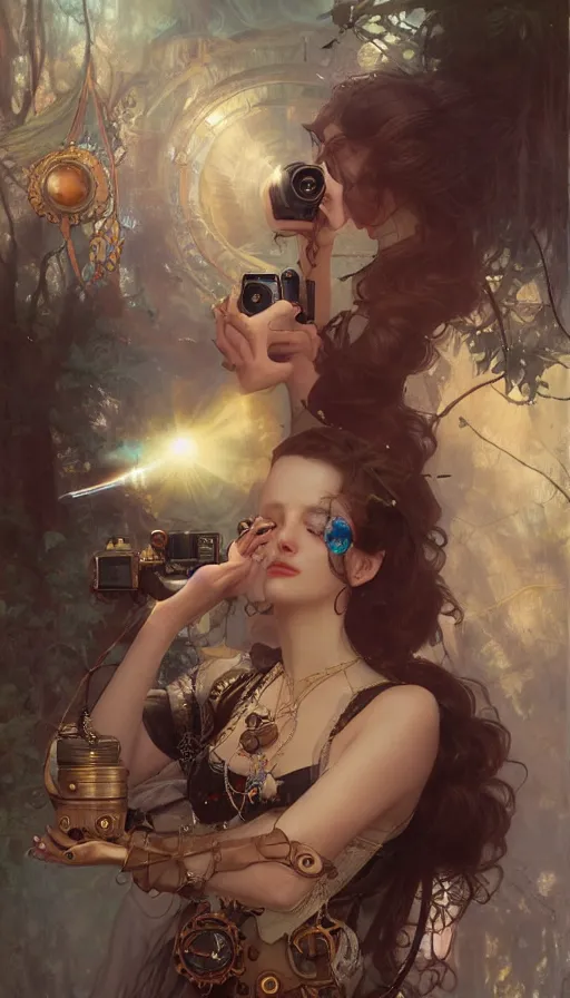 Image similar to hyper realistic photographer taking a picture, magical, gems, jewels, gold, steampunk, cyberpunk, painted by tom bagshaw, mucha, gaston bussiere, craig mullins, j. c. leyendecker 8 k