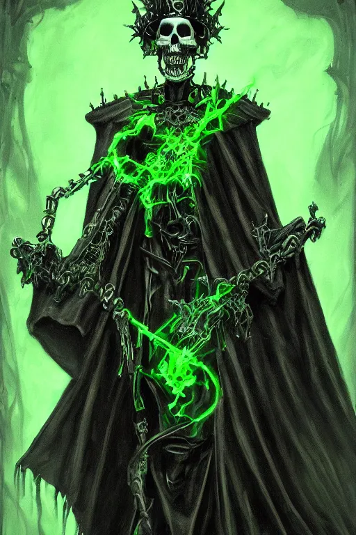 Image similar to portrait of an ominous skeleton king dressed in black robes wielding poisonous powers, glowing green and black tones, oil on canvas, gothic style, ornate, elegant, highly detailed, realistic, concept art, trending on artstation