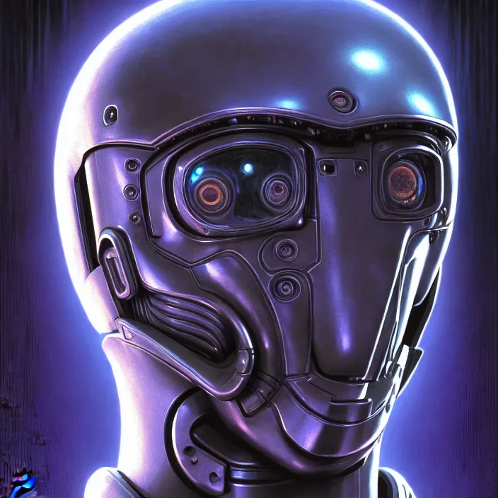 Prompt: cinematic bust portrait of psychedelic robot from left, head and chest only, exotic alien features, robotic enhancements, desaturated, Tim Hildebrandt, Wayne Barlowe, Bruce Pennington, donato giancola, larry elmore, oil on canvas, masterpiece, trending on artstation, featured on pixiv, cinematic composition, whole head visible, dramatic pose, beautiful lighting, sharp, details, hyper-detailed, HD, HDR, 4K, 8K