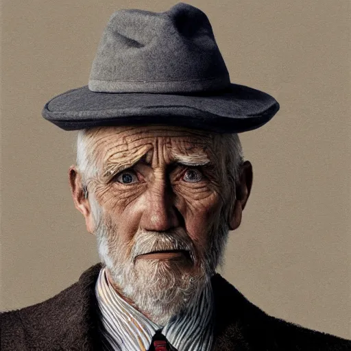 Image similar to realistic renderings of very old man portrait with a hat, astonishing scenes, photorealism