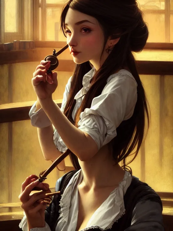 Image similar to full body picture of a girl with tobacco pipe in the bar rounge, bored, beautiful and aesthetic, intricate, unreal engine, messy hair, highly detailed, detailed face, smooth, sharp focus, chiaroscuro, manga illustration, artgerm, greg rutkowski, ilya kuvshinov, rossdraws, alphonse mucha, young adult light novel cover art