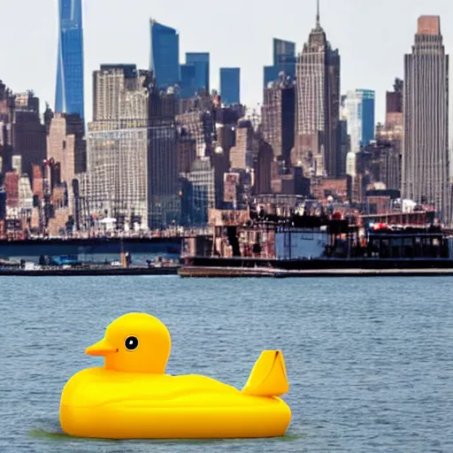 Image similar to a giant rubber ducky floating through new york harbor