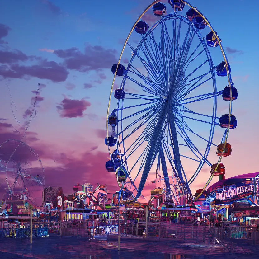 Image similar to unreal engine render, a blue guitar with a ferris wheel in the background, cinematic, sunset, fantasy, 8 k, trending on artstation