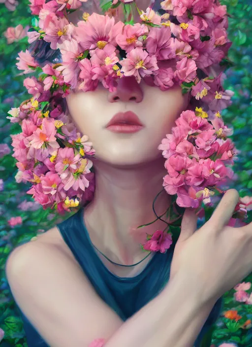 Image similar to photograph of still from music video, women wearing blindfold, flowers, street clothes, full figure portrait painting by martine johanna, ilya kuvshinov, rossdraws, pastel color palette, 2 4 mm lens