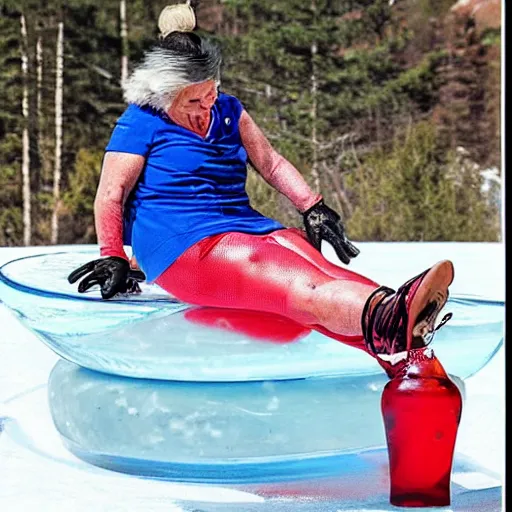 Prompt: sports illustrated photo, an elderly woman sliding wildly down an incredibly long ice luge on her back out of control at an incredibly high speed