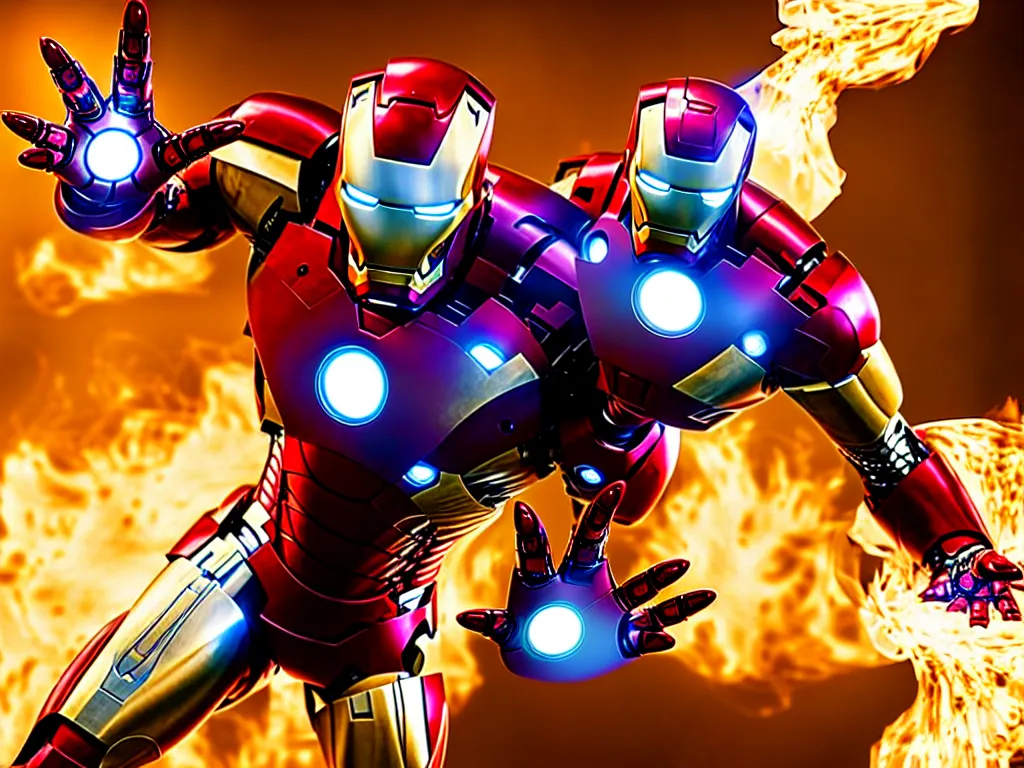 Image similar to iron man in a battle, smoke, fire, chrome, shiny, reflective, metallic, 3 d render, realistic, hdr, stan winston studios, dramatic lighting, flame colors bright,