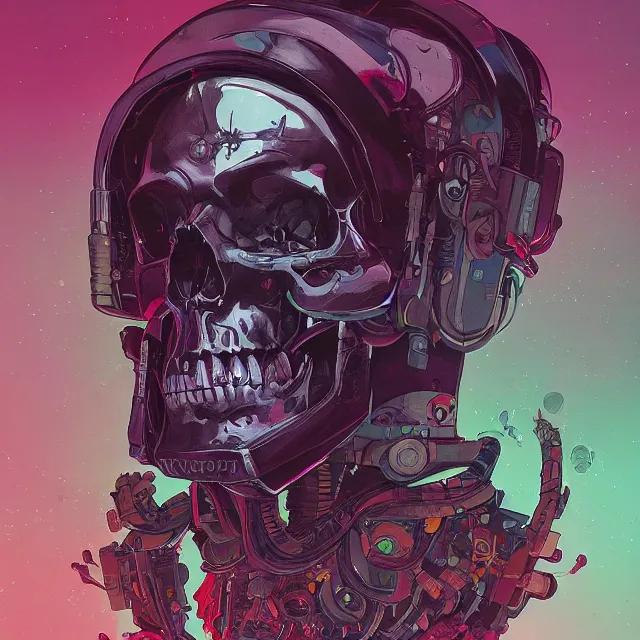 Image similar to a beautiful portrait painting of a ( ( cyberpunk ) ) skull by simon stalenhag and pascal blanche! and alphonse mucha! and nekro!!. in style of digital art. colorful comic, film noirs!, symmetry, hyper detailed. octane render. trending on artstation