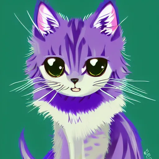 Prompt: cute anthro anime tabby cat with blue fur and purple hair, digital art